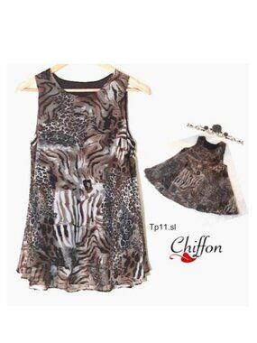 Silky Soft Chiffon Tunic Top Round Neck Brown Black Animal Print Sleeveless, M
